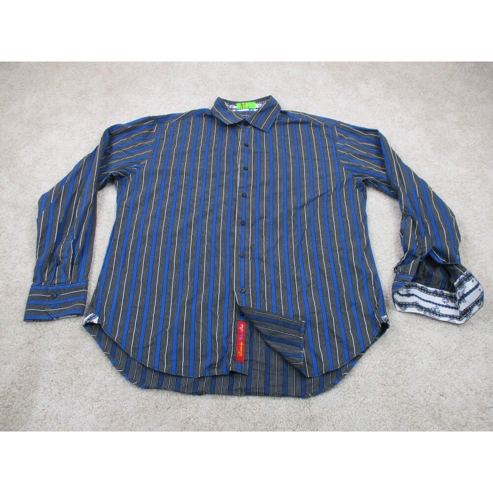 Robert Graham Shirt Mens XL Black Blue Striped Flip Cuff Preppy Casual Button Up